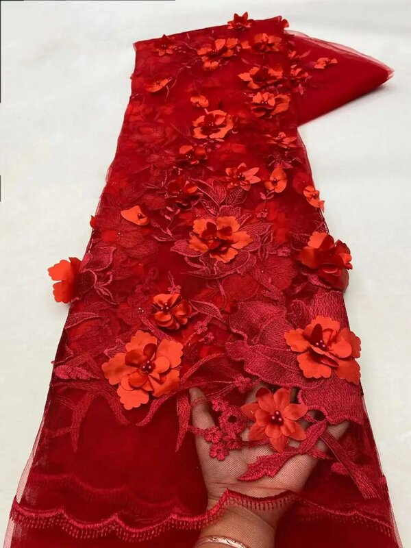 Kain renda 3D Afrika Perancis dengan manik-manik 2024 bordir kualitas tinggi untuk wanita gaun pernikahan kain jaring renda Nigeria 5 yard