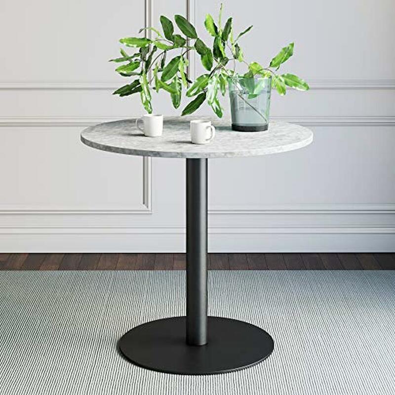 Small Round Black Dining Table with Faux Marble Top Modern Kitchen Bistro Table Pedestal Base Elegant Design Sturdy Metal