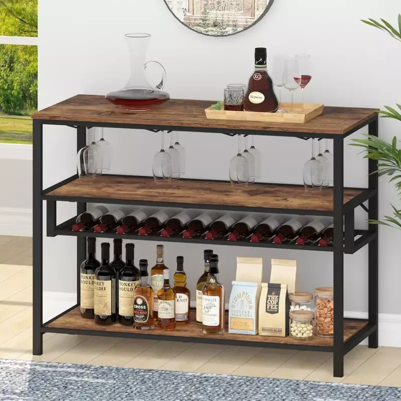 Rustic Wine Rack Table, Wooden Wine Bar Cabinet with Wine Glass Holder, for Kitchen ,living room