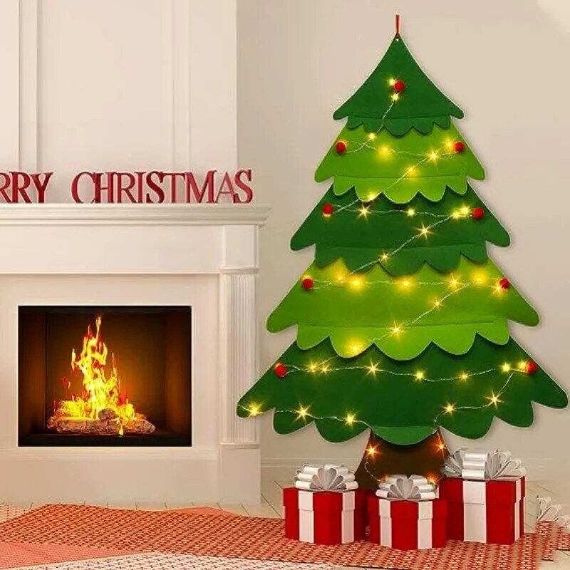 Set pohon Natal lakan DIY, dengan 32 ornamen dan lampu senar LED untuk balita, hadiah Tahun Baru, hadiah Natal, dinding pintu rumah