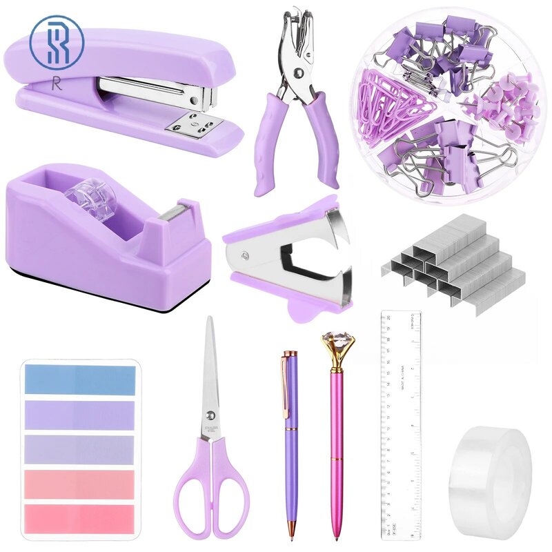 12 Pcs Of Purple Office Supplies Set Stapler And Tape Dispenser Desk Accessories With Staple Remover Tab Thumbtacks Binder Paper