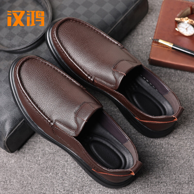 Hanhong leather shoes, men's genuine leather 2024 new soft sole breathable and non slip dad's shoes, men's spring casual bean sh