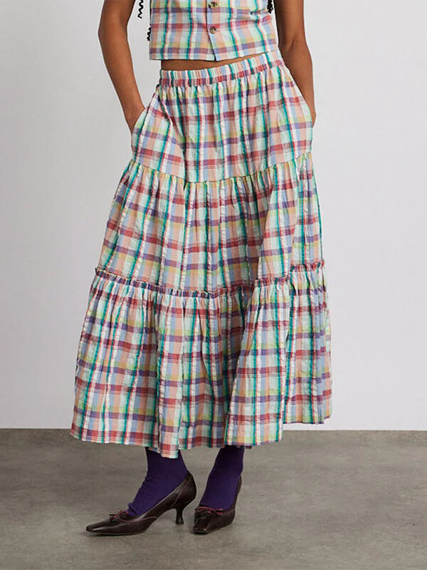 Women's Summer Plaid Print Skirt Elastic Waist Tiered A-Line Casual Midi Skirts Streetwear
