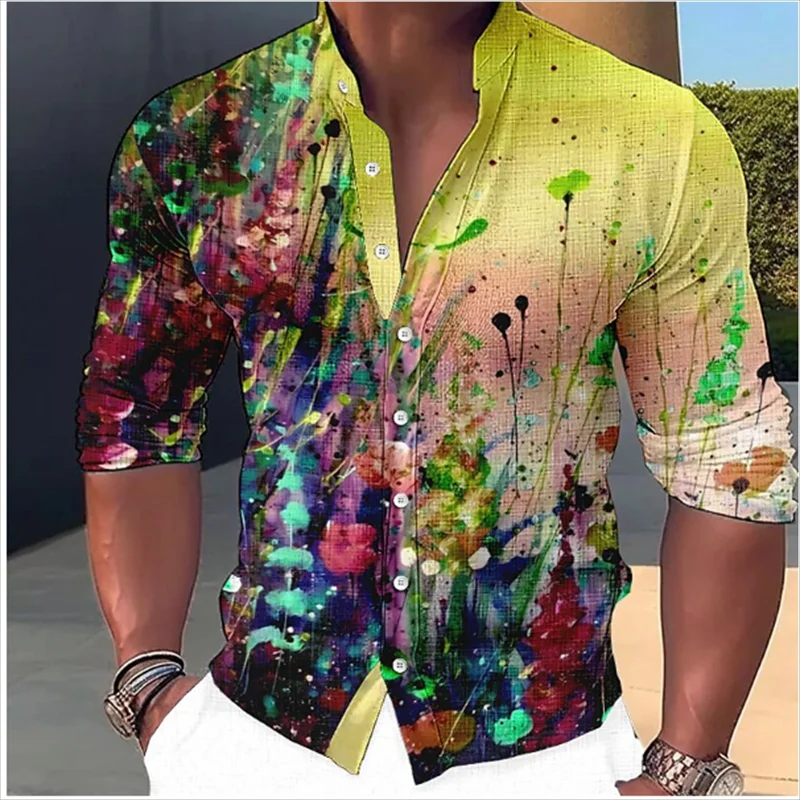 Мужская Повседневная рубашка с длинными рукавами, рубашка большого размера с цветочным принтом и отложным воротником, в уличном стиле, лето 2024