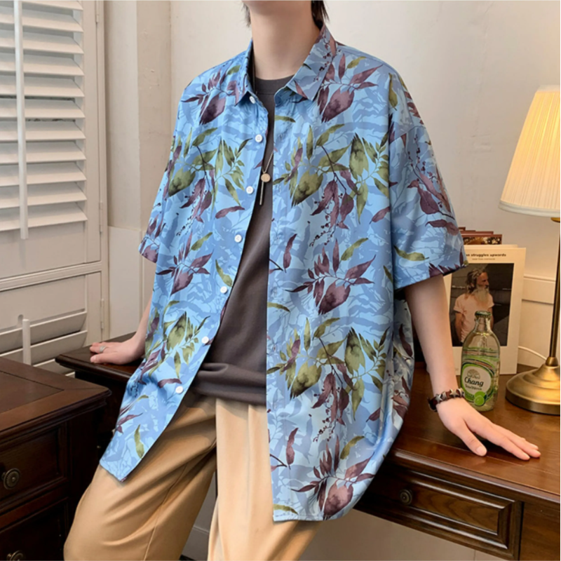 Рубашка мужская с коротким рукавом, модная Повседневная блуза с контрастным принтом и цветочным принтом, свободного покроя, лето