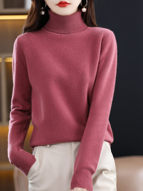 Hot Sale Women Turtleneck Sweater Autumn Winter Long Sleeve Pullover 100% Merino Wool Soft Knitwear Korean Popular Clothes Tops
