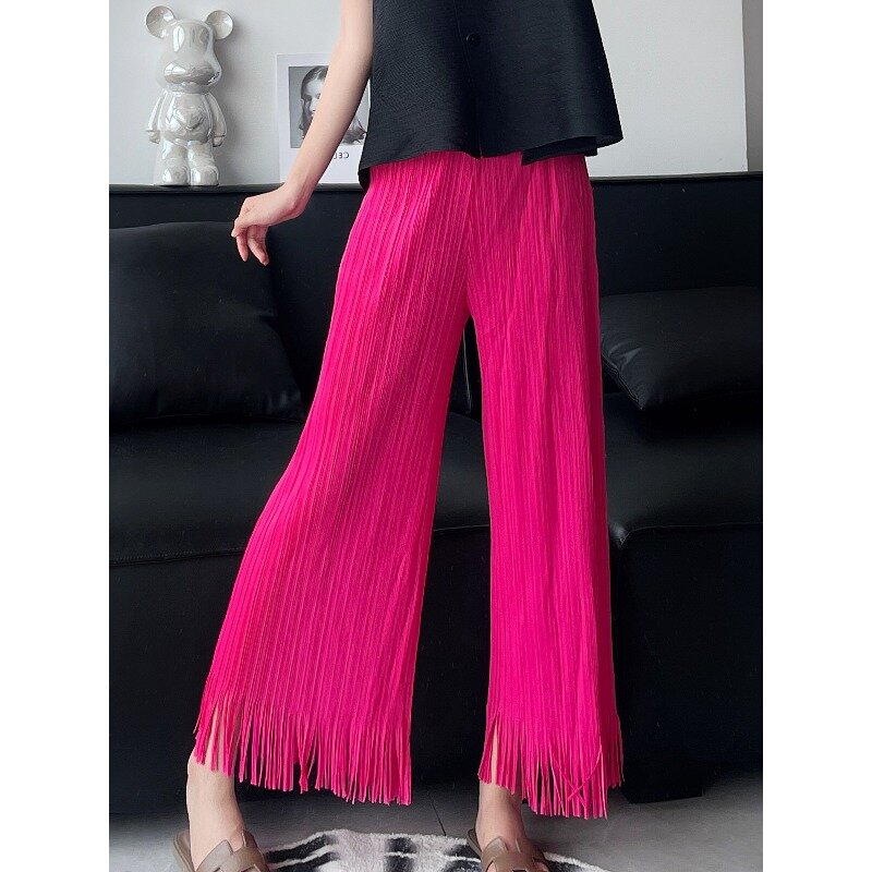 Плиссированные Свободные прямые брюки Miyake, модные кружевные расклешенные брюки с бахромой, Летние удобные и повседневные укороченные брюки