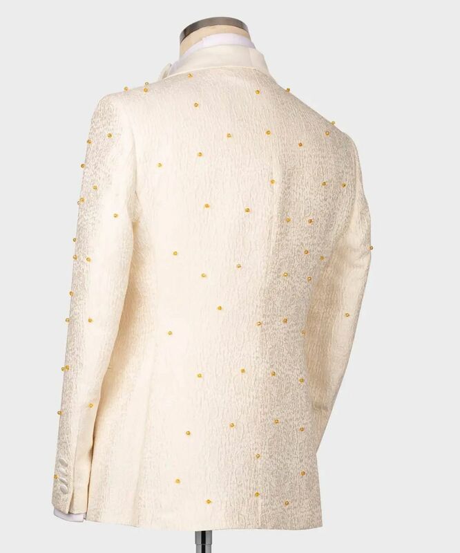 Zestaw beżowych męskie spodnie garniturów 2-częściowy blezer + spodnie z aplikacjami koralikami smoking ślubny pana młodego płaszcz jednorzędowy sukienka na studniówkę