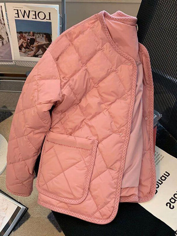 New 2023 Autumn Winter Jacket Women  Korean Long Sleeve Pink RoundNeck Down Cotton Short Lightweight Warm Outwear Female