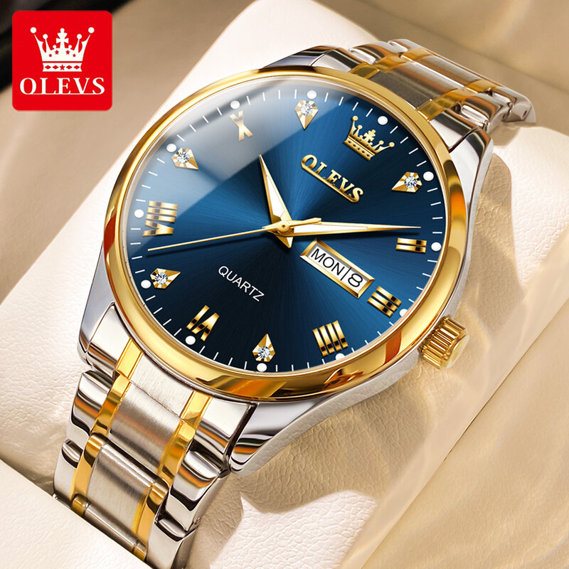 Olevs-メンズステンレススチール防水クォーツ時計、発光、週、日付、青い時計、高級腕時計、トップブランド、ファッション