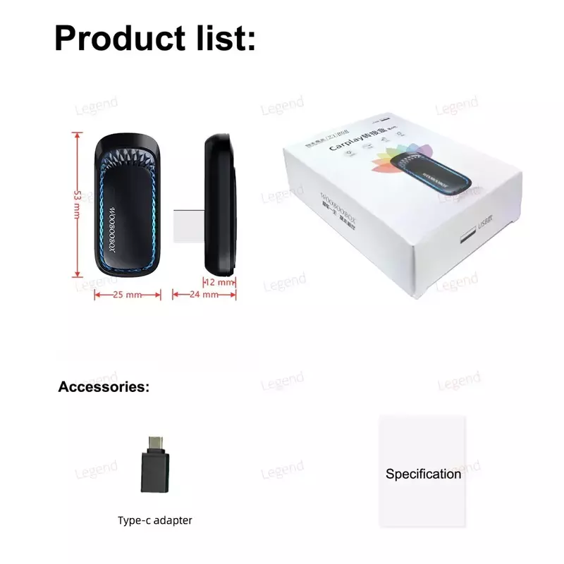 애플 카플레이 무선 어댑터 차량용 RGB 미니 카플레이 AI 박스, OEM 유선 카플레이-무선 스마트 USB 동글 플러그 앤 플레이, 신제품