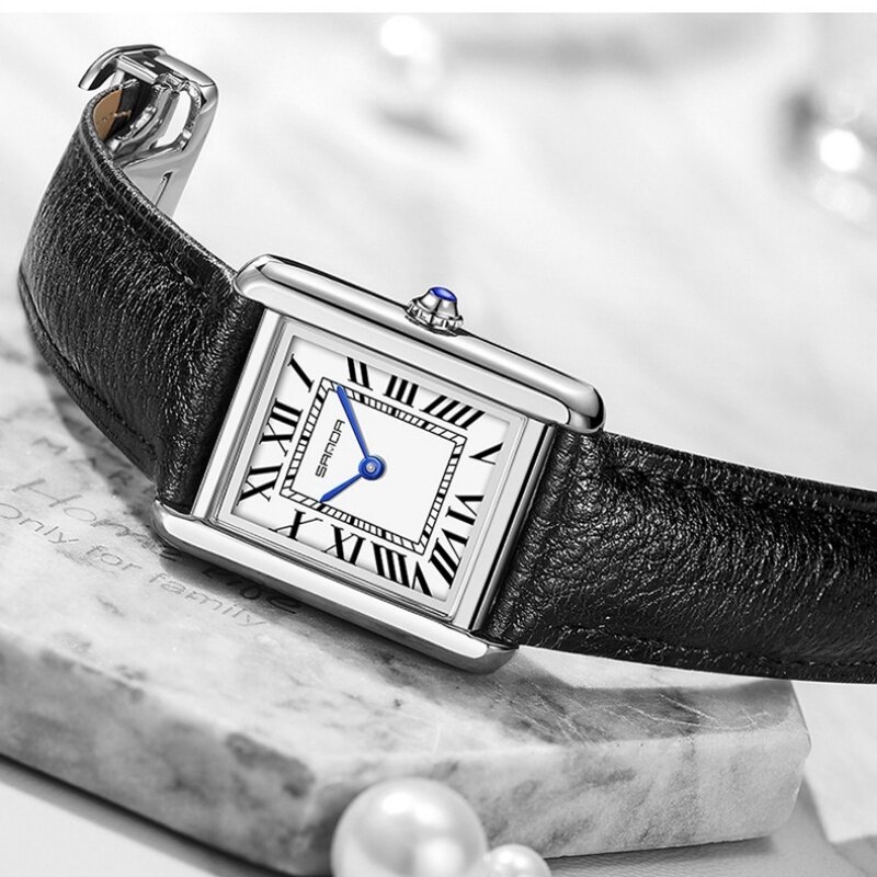 Sanda 1108 pasangan jam tangan Mini tahan air kasual modis mewah wanita pria jam tangan kuarsa kulit persegi desain Dial Reloj