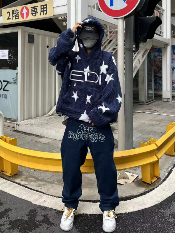 Harajuku Men's Star printed jeans Hip hop street wear fashionable jeans Men's Y2K straight wide leg pants American casual jeans
