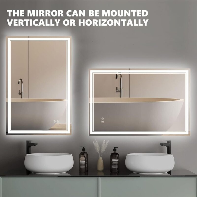 Smart Wall-montado LED Vanity Mirror com retroiluminação e frente, 3 cores de luz, espelhos de maquiagem, banheiro, 3000K-6000K