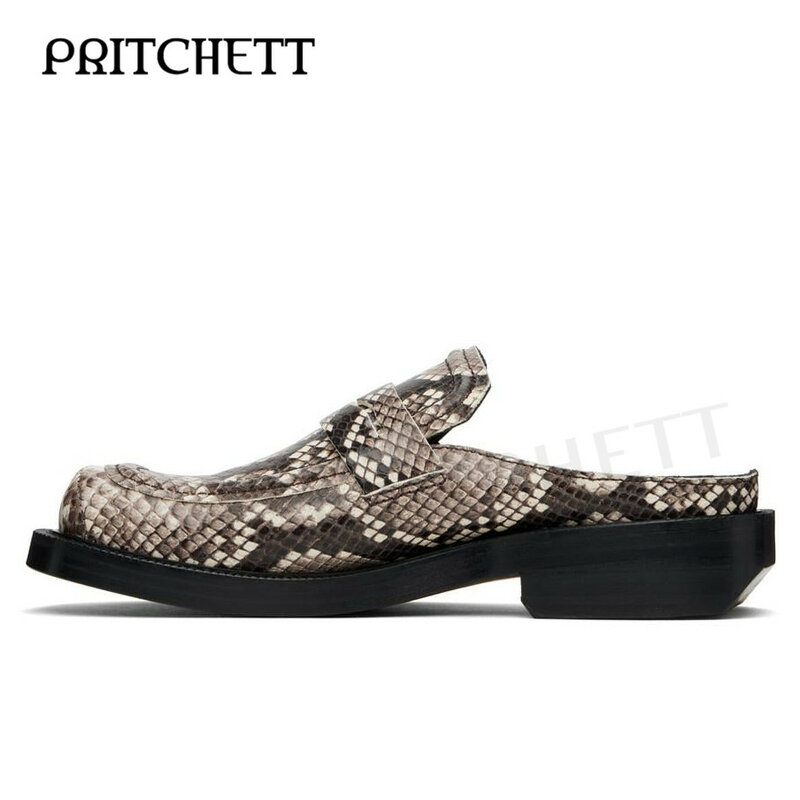 Zapatillas con patrón de serpiente para hombre, sandalias informales sin cordones, punta cuadrada, boca poco profunda, raíz cuadrada, a la moda