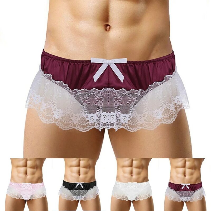 Mini jupe en dentelle sexy pour hommes, sous-vêtements transparents, tongs G-slice, slips en satin, caleçons genci, lingerie Sissy