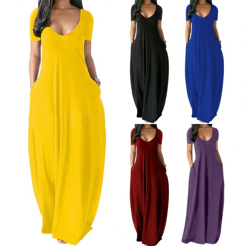 Fashion Deep V-neck Women Dress Short Sleeve Casual Dress Breathable Large Hem Thin Solid Color A-Line Maxi Dress Streetwear