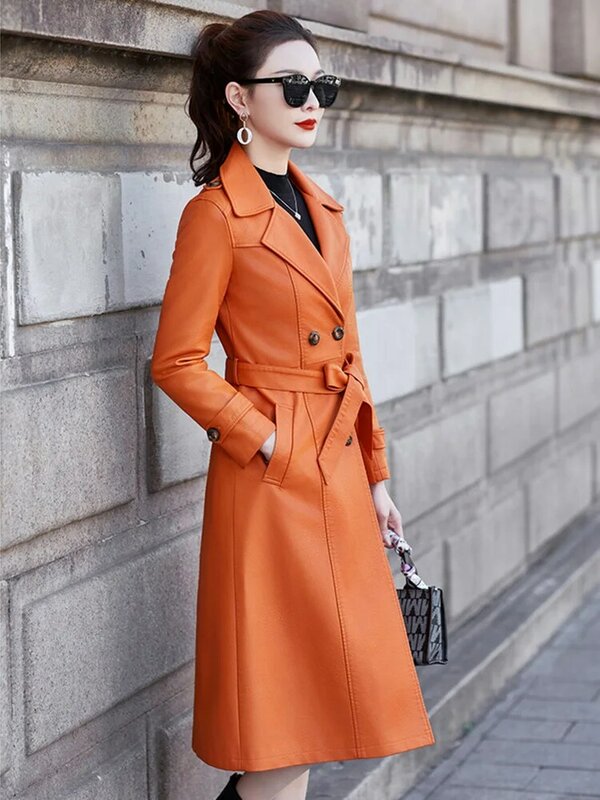 新しい女性春秋レザーコート ファッションスーツカラーダブルブレストスリム羊革トレンチコート エレガントなスプリットレザーコート