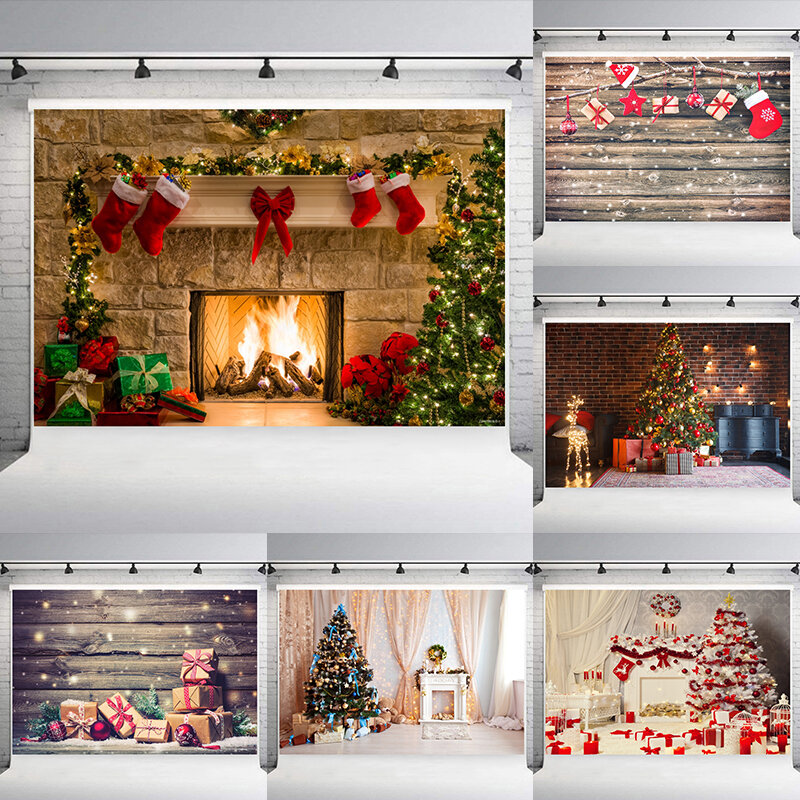 Weihnachts hintergrund für Fotografie Winter Weihnachts baum Schnees cheune Holzboden Fenster Kamin Hintergrund Porträt Fotostudio