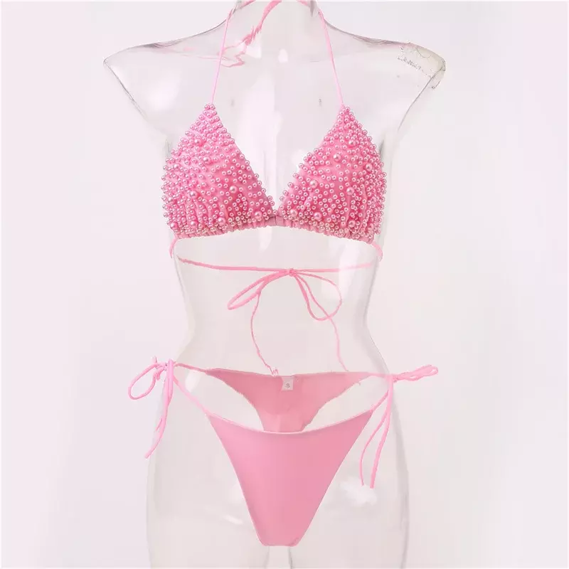 Donne perline decorazione reggiseno Bikini set Lace-up perizoma costumi da bagno donna brasiliana vacanza due pezzi costumi da bagno separati 2024