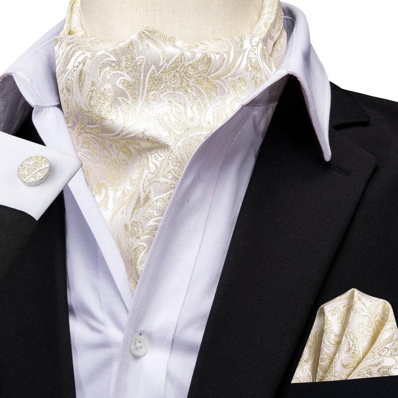 Elegent Silk Mens Ascot Tie Hanky Cufflinks Set Jacquard Floral Paisley 60 Colours Cravat for Male Wedding Business Prom Hi-Tie