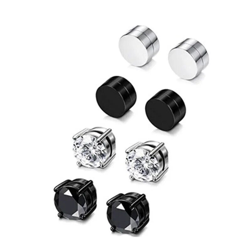 Fashion Women Men Punk Color Black Magnet Stainless Steel White  Zircon Stone Round Magnet Stud Earrings Jewelry