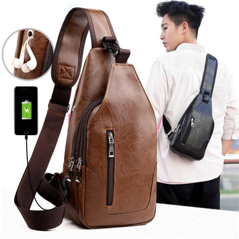Bolso de hombro con carga USB para hombre, bandolera de pecho antirrobo para hombre, bolsa de mensajero de viaje con una sola correa trasera
