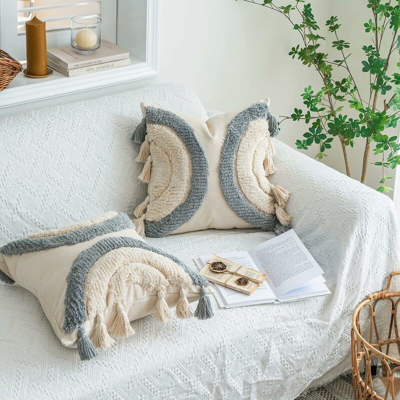 Gorgeous Half Moon Accent Boho Tufted Decorative Throw Pillow Covers,Tassels Pillow Case Home Decor 18"X 18" Off White 2 Pack