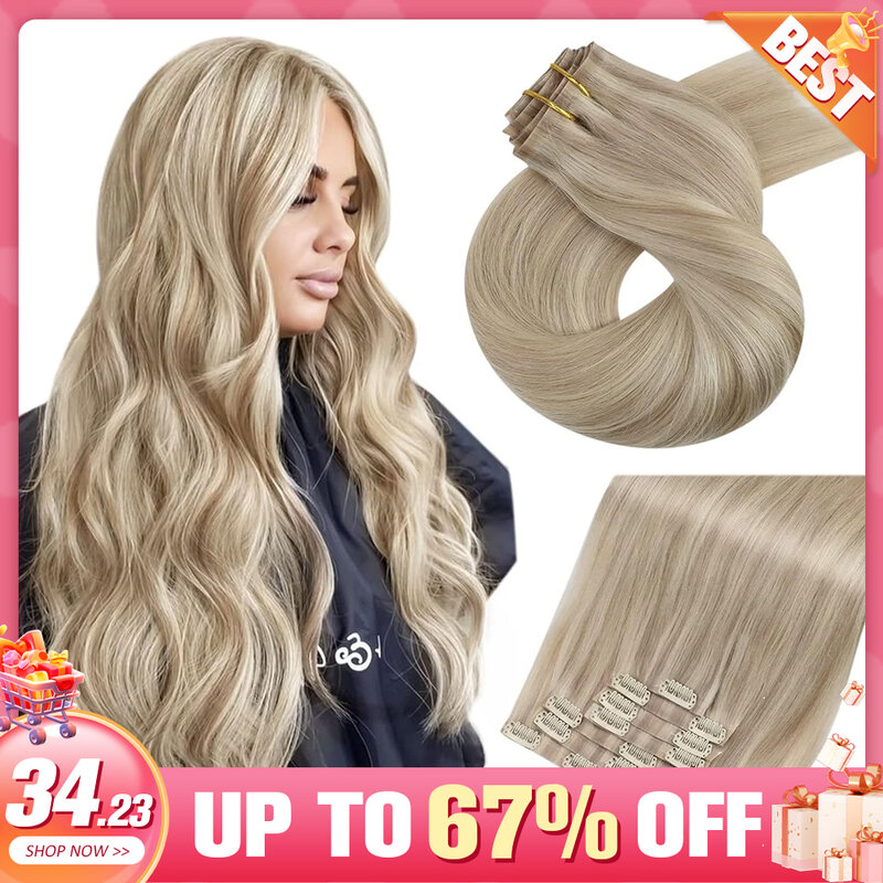 Moresoo-Extensions de cheveux à clipser sans couture, Vrais cheveux humains, Extensions de cheveux Remy, Blonde PU, 7 pièces, 120g