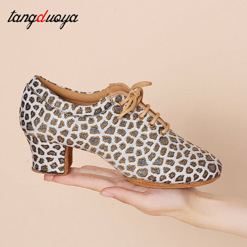 เสือดาว Latin Dance รองเท้าผู้หญิงรองเท้า Jazz Tango Salsa ผู้หญิงโมเดิร์นบอลรูมเต้นรำรองเท้าครูรองเท้ารองเท้าส้นสูง5Cm Dance รองเท้าผ้าใบ