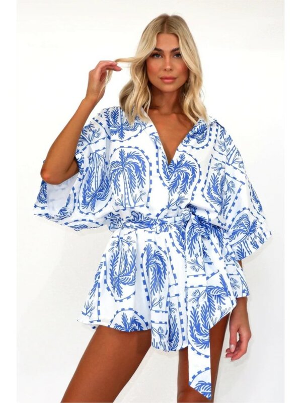 2024 Fashion Print Jumpsuits Shorts Summer Women Rompers V-neck Casual Beach Jumpsuit Leace-up Bodysuits Streetwear One Pieces