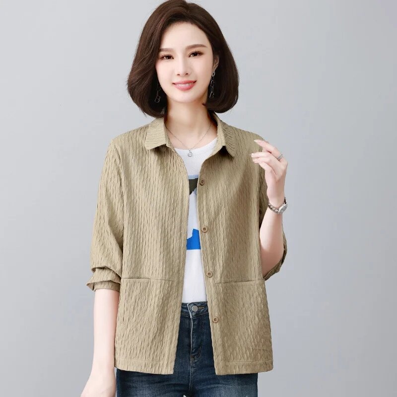 Korean Spring Autumn Single-Breasted Women Shirt New Loose Middle Aged Mother's Thin Long Sleeved All-Match Blouse Ladies Shirts