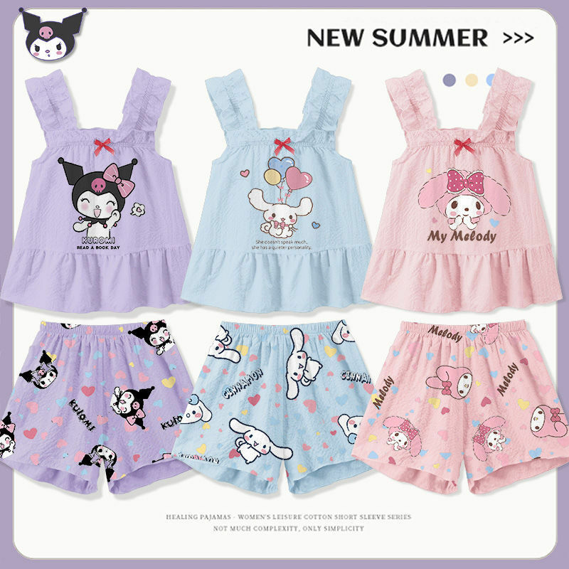 Sanrio Anime Cinnamoroll pijamas Kawaii Bow Kuromi My Melody para niñas, ropa sin mangas para el hogar, Tops de dibujos animados, juguetes para niños
