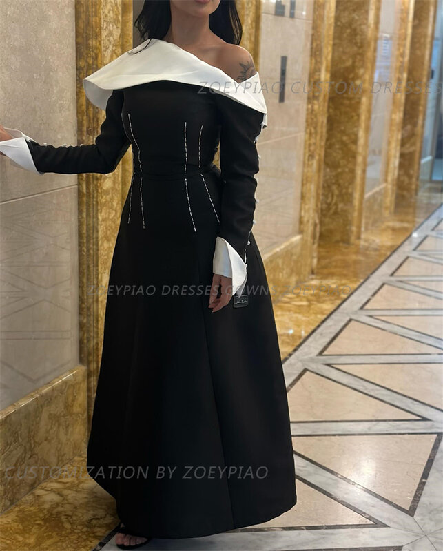 Элегантное черно-белое платье на пуговицах, ТРАПЕЦИЕВИДНОЕ вечернее платье, атласное платье до щиколотки с длинным рукавом для торжественных мероприятий, особых случаев