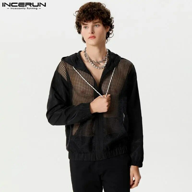 Incerun-グリッドシースルー男性用メッシュパッチワークシャツ、薄い長袖シャツ、巾着ジッパーブラウス、セクシーな男性のトップス、S-5XL、2024