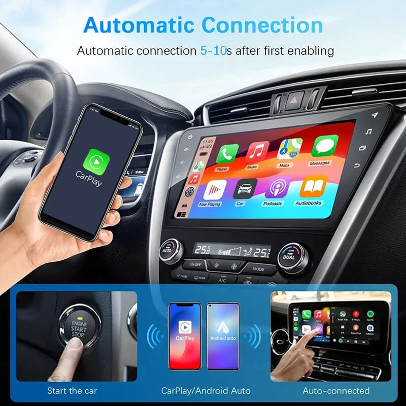Carmitek-adaptador automático para coche, dispositivo 2 en 1 con cable a CarPlay inalámbrico, Android, OEM, estéreo con USB, Plug and Play