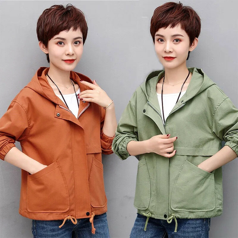 2024 New Spring Autumn Short Jacket Fashion Korean Version Women's Coat Hooded Pocket  Windbreaker Outerwear Tops Female
