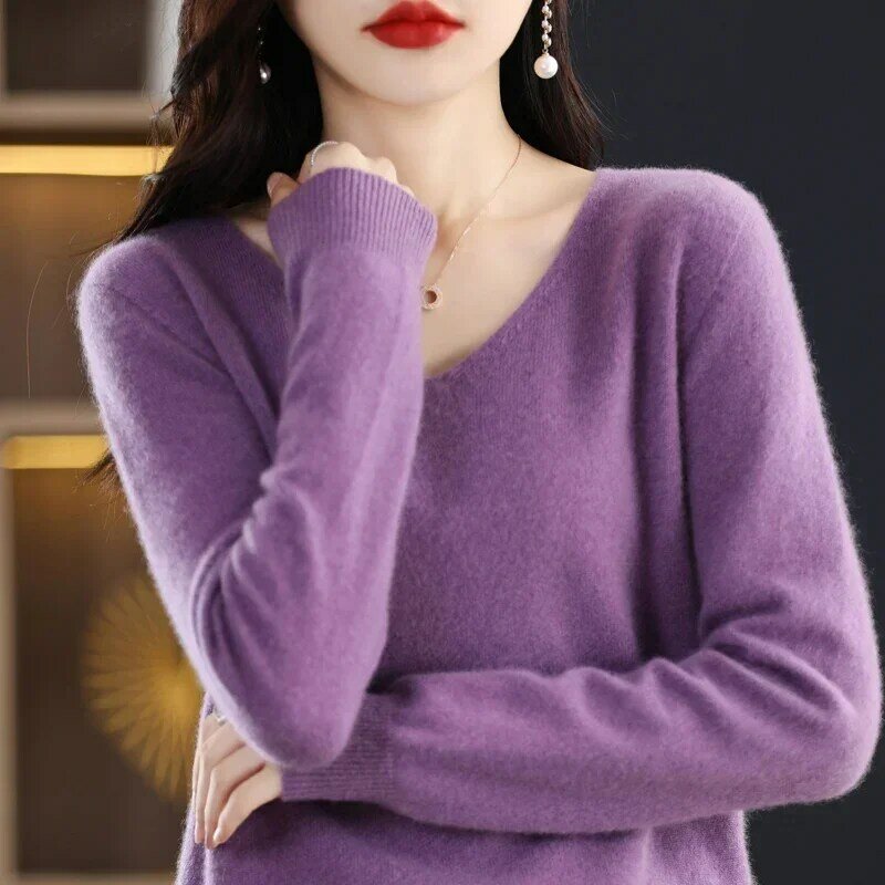 Женский мягкий свитер из 100% чистой шерсти, однотонный бесшовный пуловер с V-образным вырезом, базовый Повседневный кашемировый Вязаный топ на осень и зиму