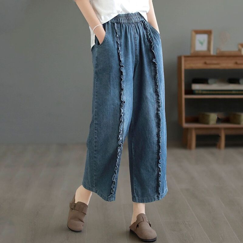 Женская одежда 2023 Модные свободные однотонные лоскутные плиссированные повседневные тонкие джинсы с эластичным поясом Весна-Осень широкие брюки