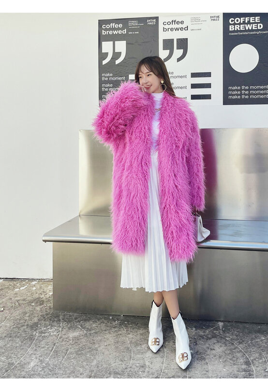 Женское меховое пальто, новинка зима 2022, модная уличная одежда, Женская длинная пушистая куртка с поясом из искусственного меха, с лацканами, праздничная одежда
