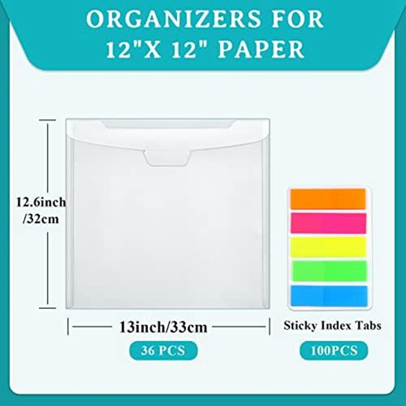 36Pcs Plastic Scrapbook Paper Storage With Buckle Design,With 100Pieces Multicolor Sticky Index Tabs For Holding 12X12inch Paper