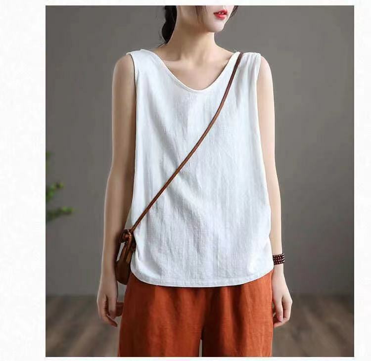 2023 new Women Casual Camisole Literary Retro Cotton Linen Vests Summer V Neck Sleeveless Solid Loose Tank Tops S-3XL