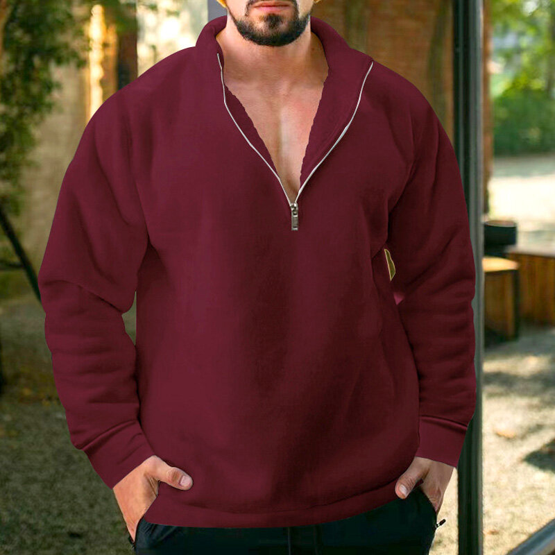 Jesienny i zimowy męski nowy płaszcz na co dzień sweter pluszowy zagęszczony sweter z zamkiem błyskawicznym półgolf jednolity kolor koszulka z kołnierzykiem termiczny