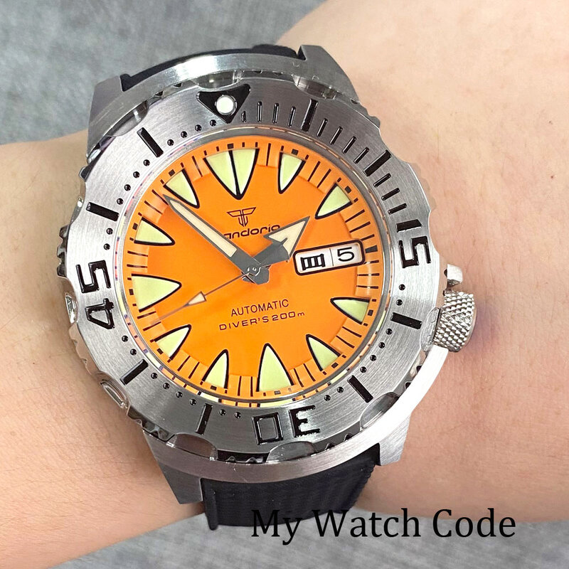 นาฬิกากลไกนักดำน้ำมอนสเตอร์สีส้มขนาด42มม. สำหรับผู้ชาย NH36A AR sapphrie ฝาเหล็กนาฬิกาสปอร์ต
