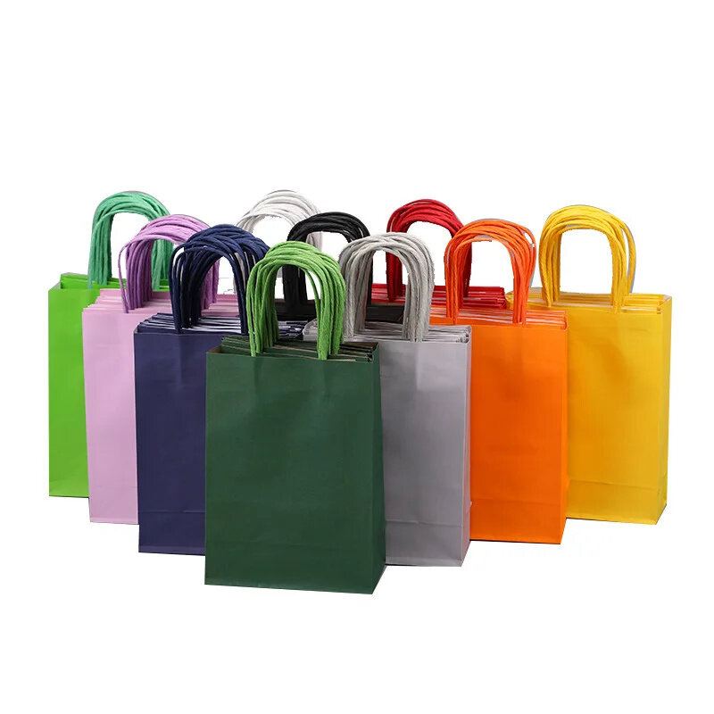Bolsas de compras de papel Kraft, bolsa pequeña cuadrada plegable colorida, bolsa de embalaje de regalo de cumpleaños de boda, bolso de compras de centro comercial, S/L