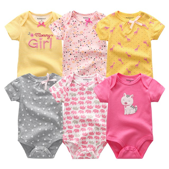 Bodysuit manga curta para bebê recém-nascido, macacão infantil da moda, macacão infantil dos desenhos animados, roupas de menina, 6 pçs/lote