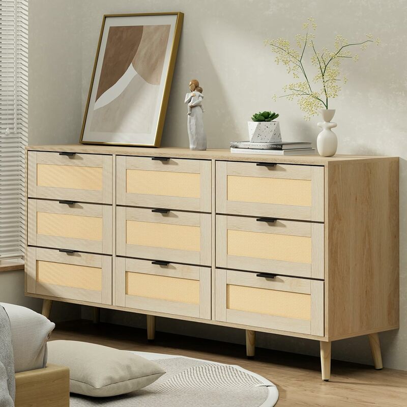 Rattan Dresser,Storage Dresser for Bedroom with 9 Drawers,Modern Wood Drawer Dresser, Chests of Drawers with Metal Handles