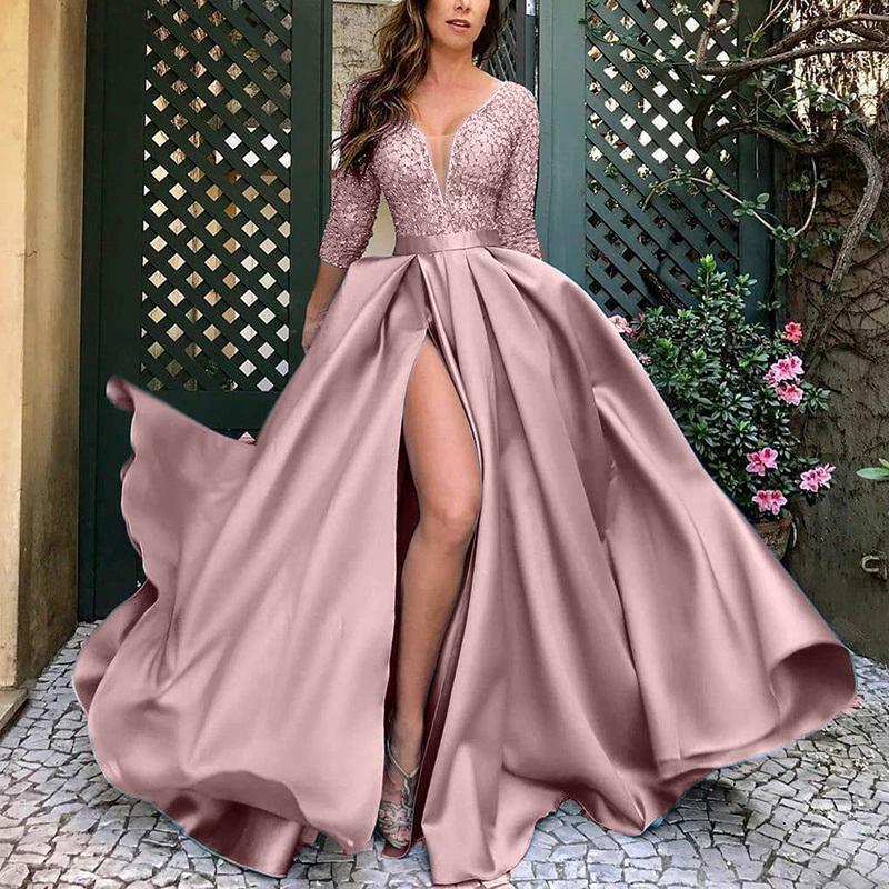 Fashion Elegant Evening Prom Dresses Hot Stamping High Split Side V Neck Night Party Club Lace Hem Maxi Dress for Wedding Banque