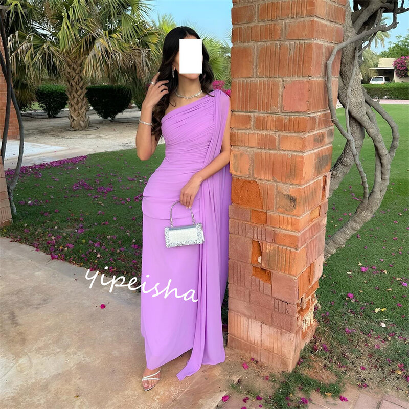 Cetim drapeada A-Line Prom Dress, Um ombro vestido Midi, Arábia Saudita Vestido de noite, Ocasião sob medida
