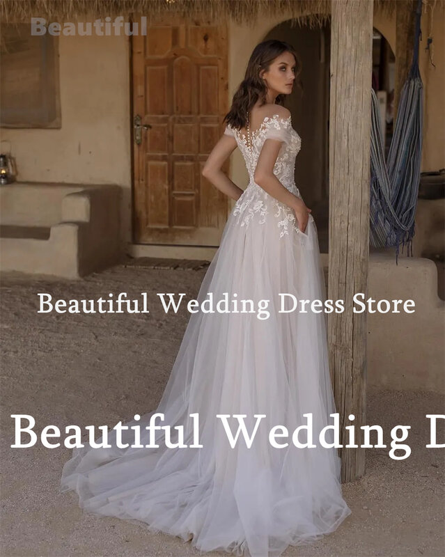 New Simple Sheer O-Neck Wedding Dress Short Sleeves Lace Appliques A-Line Tulle Floor-Length Vestidos de novia 2024 Bridal Gown